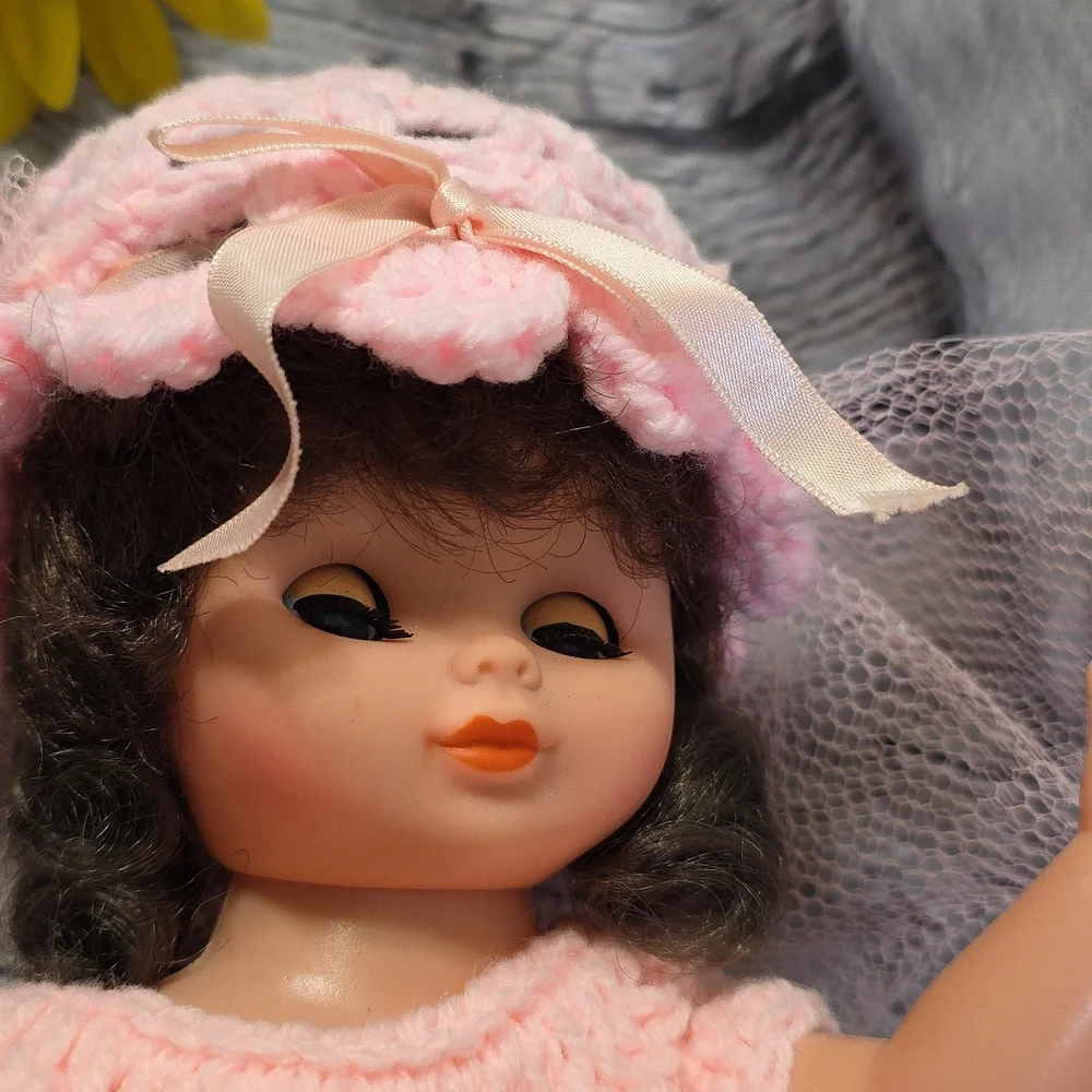 Vintage Angel Doll Brunette Crochet Dress and Accessories Pink 14